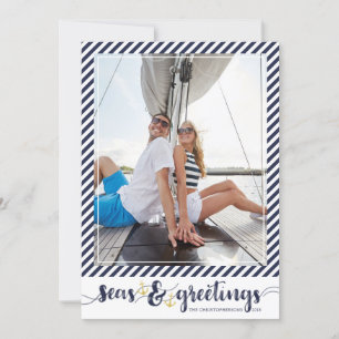 Nautical SEAsons Greetings   Stripes Gold Anchors Holiday Card