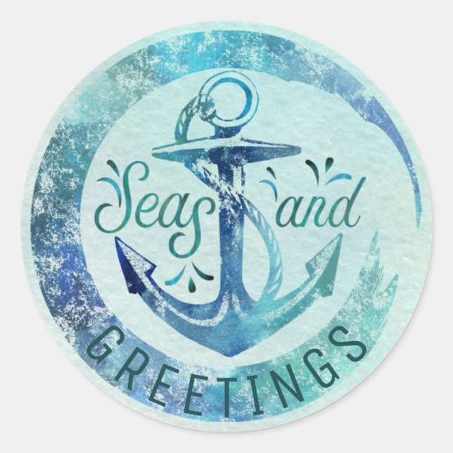 Nautical "SEAson's Greetings," Watercolor Wave Classic Round Sticker (Front)