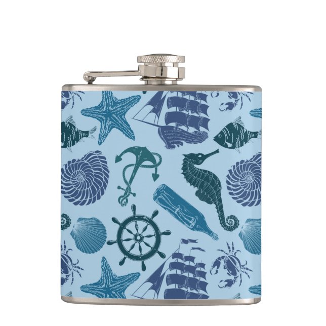 Nautical Shades Of Blue Pattern Hip Flask (Front)