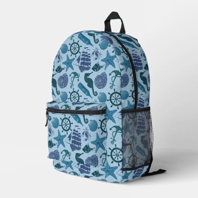 Nautical Shades Of Blue Pattern Printed Backpack (Back Corner Right)