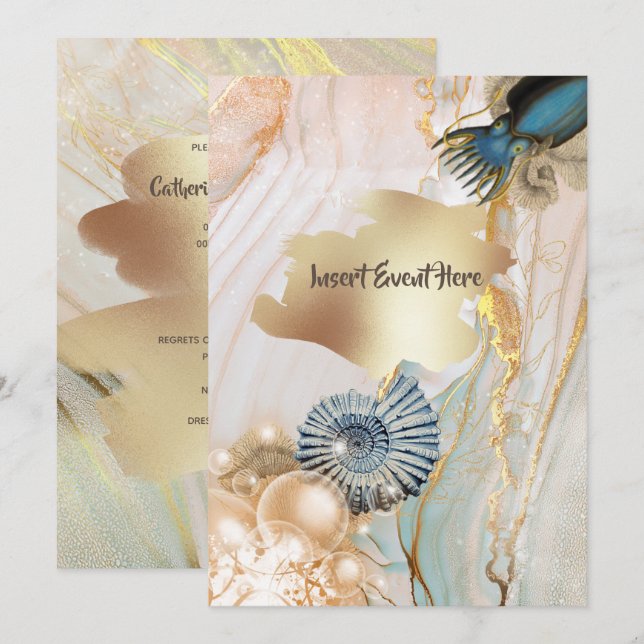 Nautical shell octopus marble gold watercolor invitation (Front/Back)