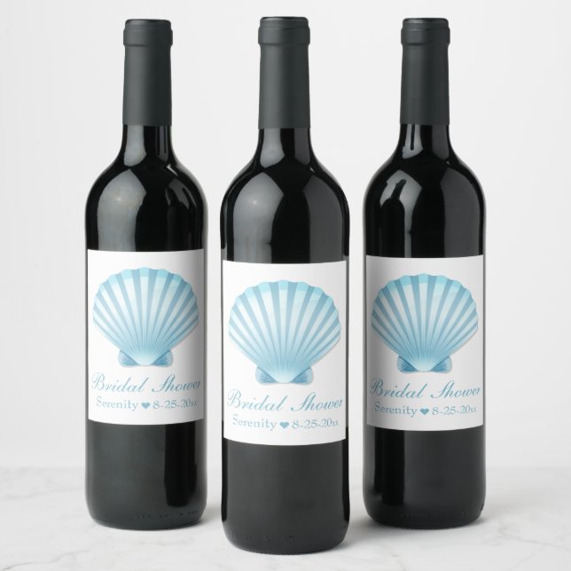 Nautical Shells Blue Turquoise Bridal Shower Wine Label (Bottles)