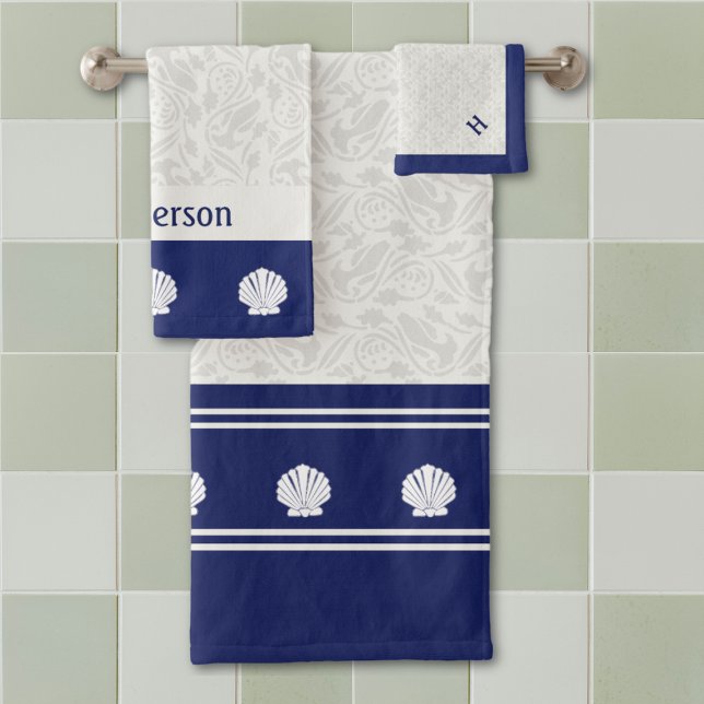Nautical Shells on Navy Bath Towel Set (Creator Uploaded)