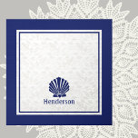 Nautical Shells on Navy Tile<br><div class="desc">Add an upscale touch to your coastal decor style bath or kitchen with this decoratie ceramic tile printed with a colour palette of navy blue, light grey and cream. Subtle damask pattern with navy contrasts is accented with cream colour shells. Can be optionally personalized with your name text. See the...</div>