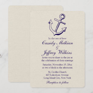 Nautical Ship Anchor Navy Blue, Tan Wedding Sailor Invitation