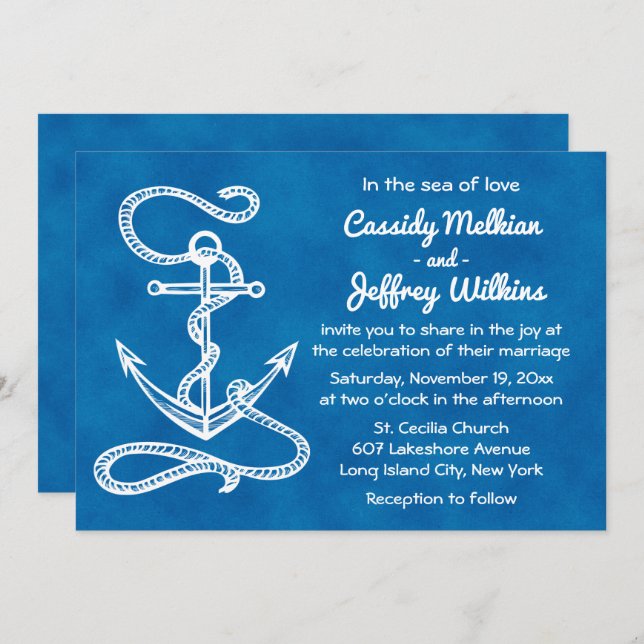 Nautical Ship Anchor Navy Blue Watercolor Wedding Invitation (Front/Back)