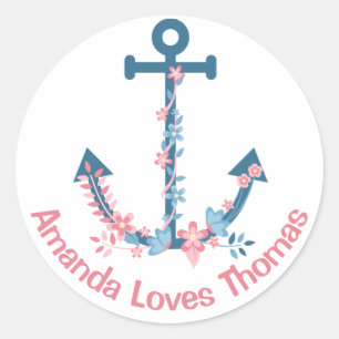 Nautical Ship Anchor Pink Blue Personalized Classic Round Sticker