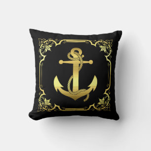 Nautical ship anchor silhouette/gold/black square throw pillow