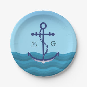 Nautical Ship Anchor with Double Monogram Paper Plate