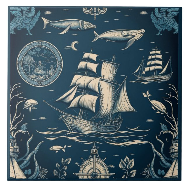 Nautical Ship and Ocean Themed ceramic art No3 Tile (Front)