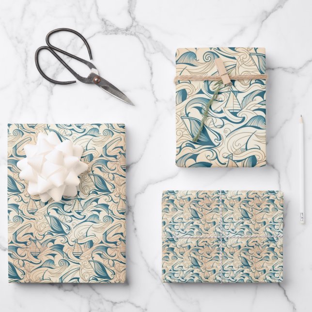 Nautical Ship and Ocean Themed pattern No11 Wrapping Paper Sheet (Front)