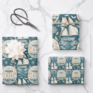Nautical Ship and Ocean Themed pattern No14 Wrapping Paper Sheet