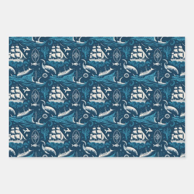 Nautical Ship and Ocean Themed pattern No1 Wrapping Paper Sheet (Front)