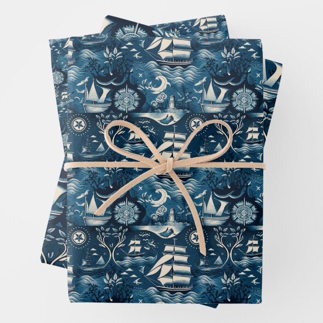 Nautical Ship and Ocean Themed pattern No6 Wrapping Paper Sheet (In situ)