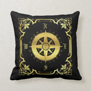 Nautical ship compass silhouette/gold/black throw pillow