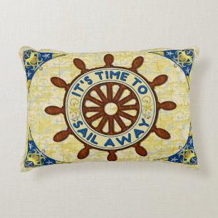 Nautical Ship Helm Wood Wheel Old Map Sail Away Accent Pillow