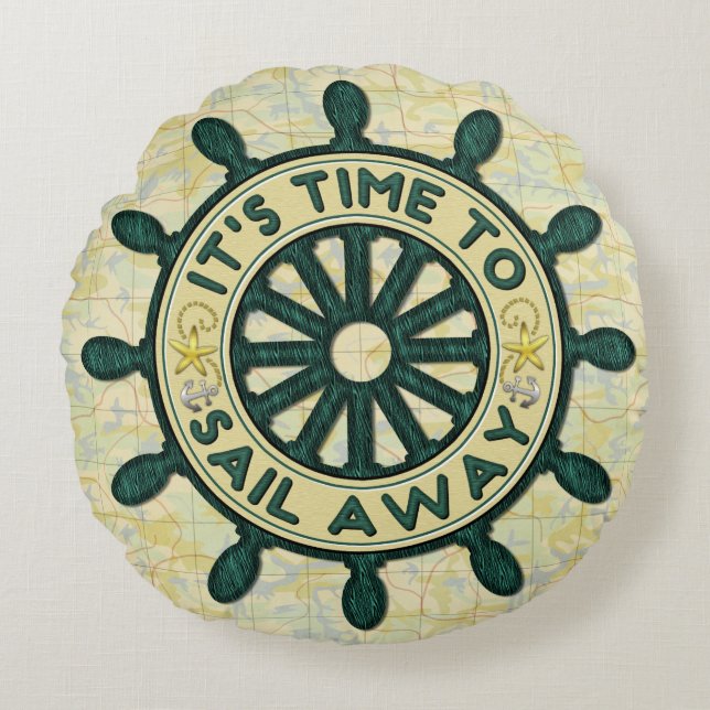 Nautical Ship Helm Wood Wheel Old Map Sail Away Round Pillow (Front)