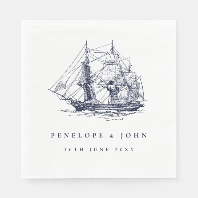 Nautical Ship Illustration Destination Wedding Napkin (Front)