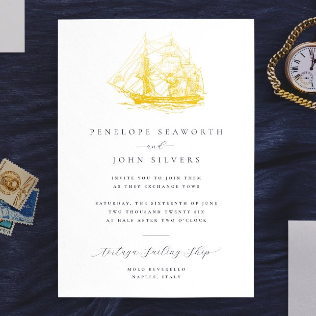 Nautical Ship Illustration Formal Wedding (Elegant white formal wedding invitation with a gold foil illustration of a ship)