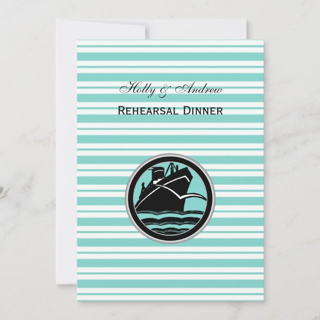 Nautical Ship Lt Blu Wht Stripe #2 V Rehearsal Din Invitation (Front)