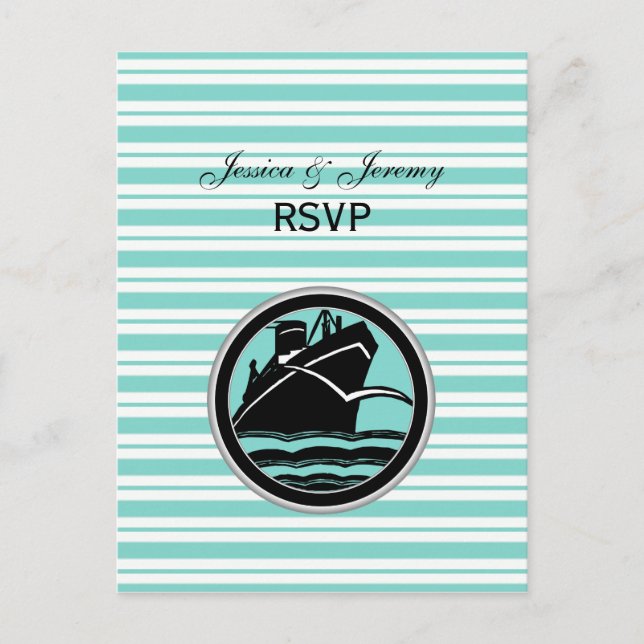 Nautical Ship Lt Blue White Stripe RSVP 1 Invitation Postcard (Front)