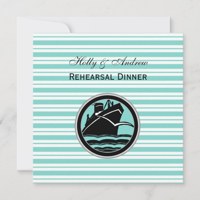 Nautical Ship Lt Blue Wht Stripe SQ Rehearsal Din Invitation (Front)
