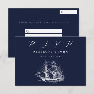 Nautical Ship Navy Blue Destination Wedding RSVP Card