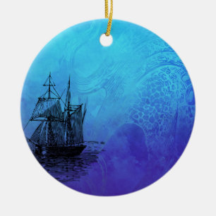 Nautical Ship & Octopus Ceramic Ornament
