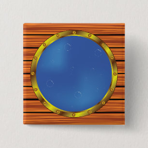 Nautical Ship Porthole Window with Blue Water 2 Inch Square Button