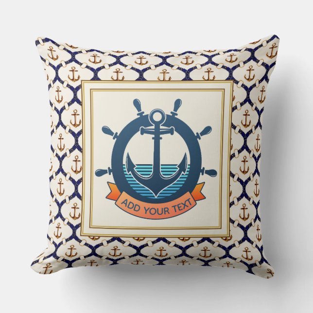 Nautical Ship Wheel and Navy Blue Anchor Pattern Throw Pillow (Front)