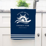 Nautical Ship Wheel Boat Name Navy Blue  Kitchen Towel<br><div class="desc">This nautical navy blue and white kitchen towel features a stylized ship’s wheel and ocean waves, with horizontal stripes. The custom text templates “Welcome Aboard” with boat name and registry make it easy to quickly customize the towel for a unique gift or coastal décor. Check out the collection for matching...</div>