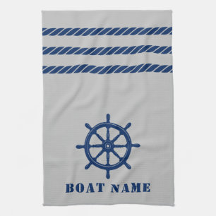 Nautical Ship Wheel Helm Rope Your Boat Name Grey Kitchen Towel