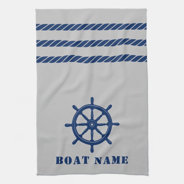 Nautical Ship Wheel Helm Rope Your Boat Name Grey Kitchen Towel (Vertical)