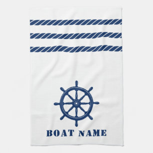 Nautical Ship Wheel Helm Rope Your Boat Name White Kitchen Towel
