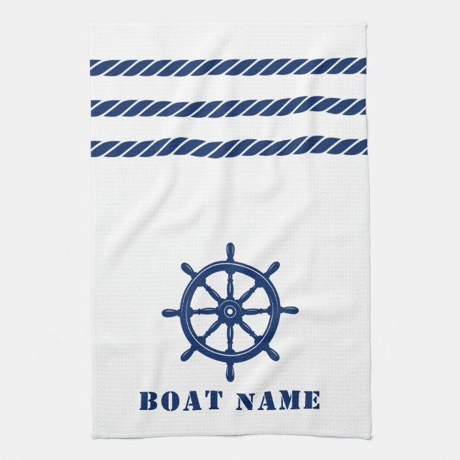 Nautical Ship Wheel Helm Rope Your Boat Name White Kitchen Towel (Vertical)