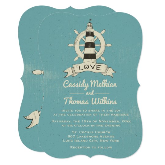Nautical Ship Wheel Lighthouse Blue Teal Wedding Card