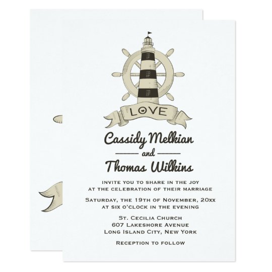 Nautical Ship Wheel Lighthouse Tan Wedding Card