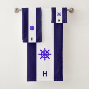 Nautical ship wheel & monogram on blue & white bath towel set