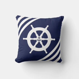 Nautical ship wheel/navy anchor silhouette/stripe throw pillow
