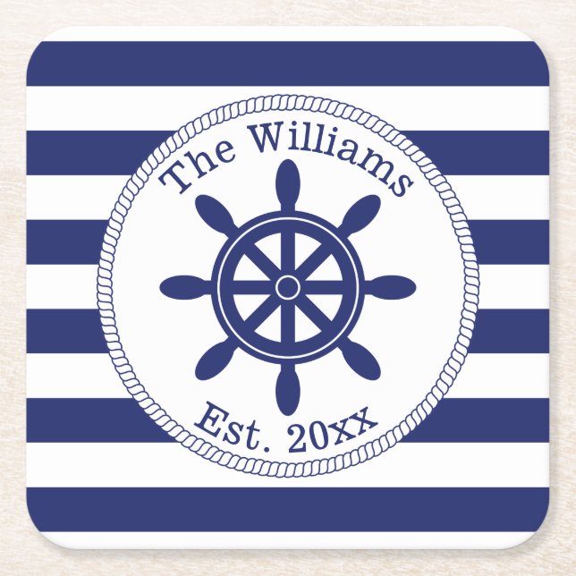 Nautical Ship Wheel Navy Blue Stripes Family Name Square Paper Coaster (Front)
