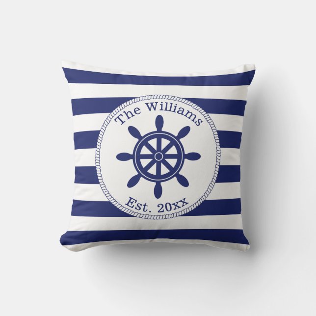 Nautical Ship Wheel Navy Blue Stripes Family Name Throw Pillow (Front)