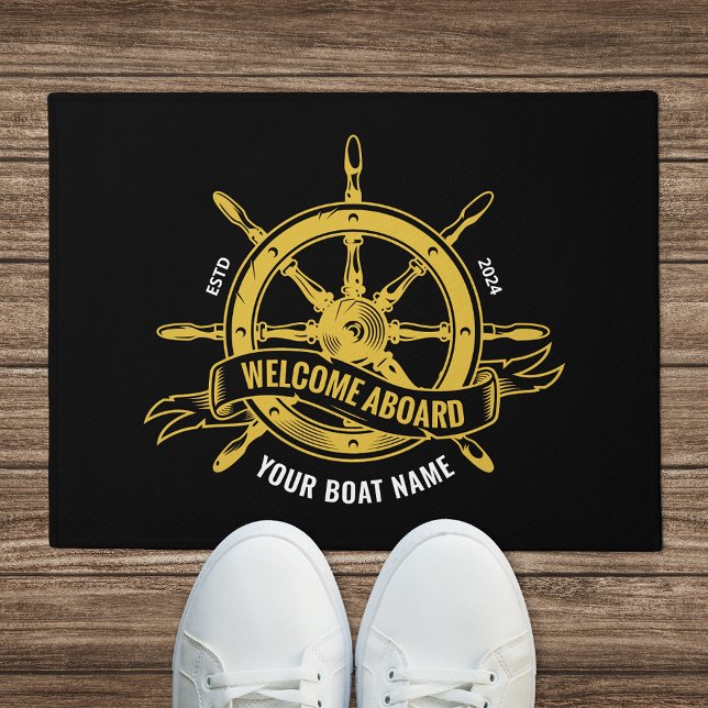 Nautical Ship Wheel Welcome Aboard Black & Gold Doormat (Creator Uploaded)