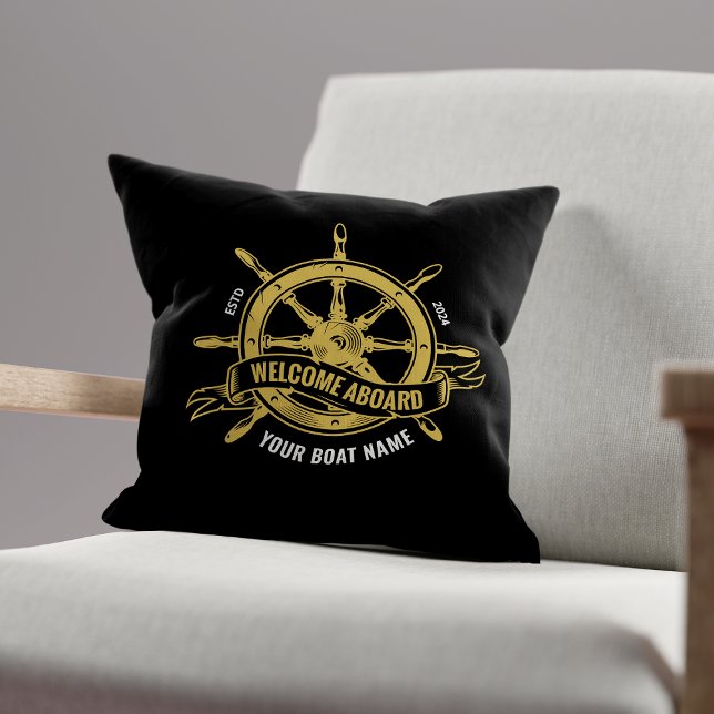 Nautical Ship Wheel Welcome Aboard Black & Gold Throw Pillow (Creator Uploaded)