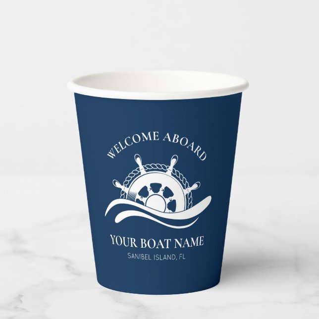 Nautical Ship Wheel Welcome Aboard Boat Name  Paper Cups (Front)