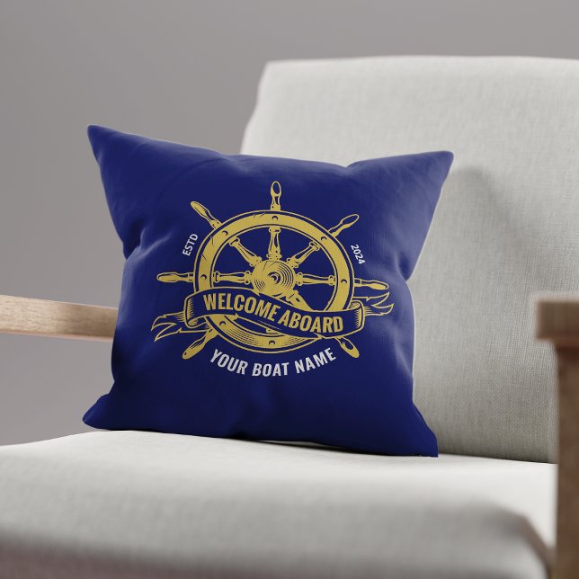 Nautical Ship Wheel Welcome Aboard Navy Blue Gold Throw Pillow (Creator Uploaded)