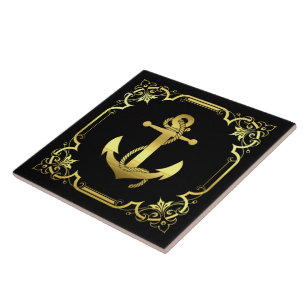 Nautical ship's anchor silhouette/gold/black tile