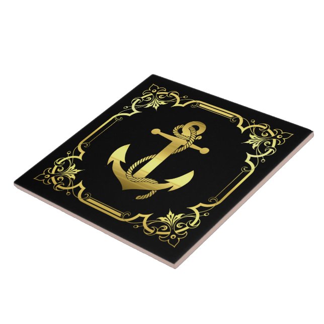 Nautical ship's anchor silhouette/gold/black tile (Side)
