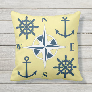Nautical Ships Helm Compass Anchors Butter Yellow Outdoor Pillow