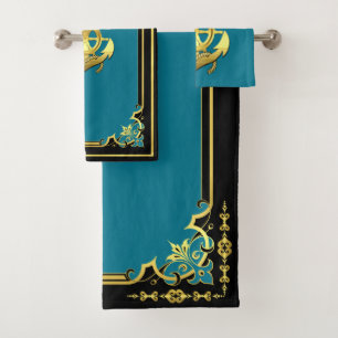 Nautical ship's wheel/anchor aqua-blue/gold bath bath towel set