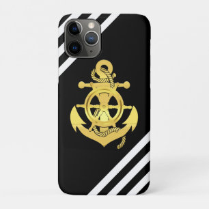 Nautical ship's wheel/anchor black stripe/gold iPhone 11 pro case